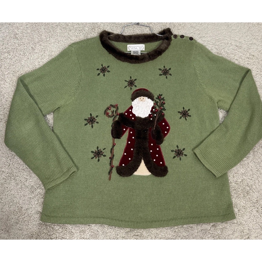 Vtg Mandal Bay Christmas Santa St Nick Beaded Embroidered Sweater Fur Trim Sz L